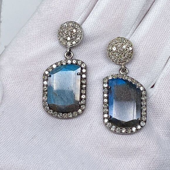 Adornia Fine Black Rhodium Sterling Silver Labradorite Diamond Drop Earrings - Picture 9 of 15